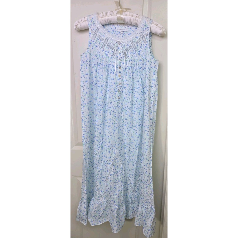 Eileen West Ballet Nightgown Blue Floral Prairie Cottage Lace Hemstch Ruffle PS